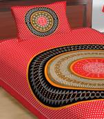 Cotton Single Bedsheet Round Bandhej Yellow Circle with 1 Pillow Cover (Size - 60" X 90", Color - Red)
