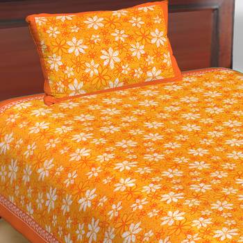 Cotton Single Bedsheet Calendual Flowers Print with 1 Pillow Cover (Size - 60" X 90", Color - Orange) 1