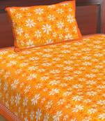 Cotton Single Bedsheet Calendual Flowers Print with 1 Pillow Cover (Size - 60" X 90", Color - Orange)