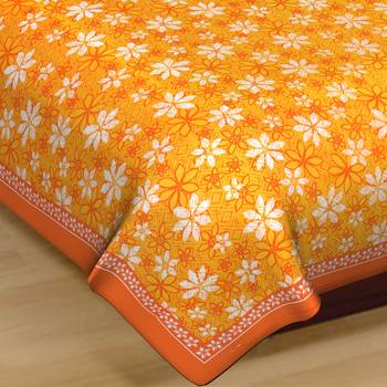 Cotton Single Bedsheet Calendual Flowers Print with 1 Pillow Cover (Size - 60" X 90", Color - Orange) 4