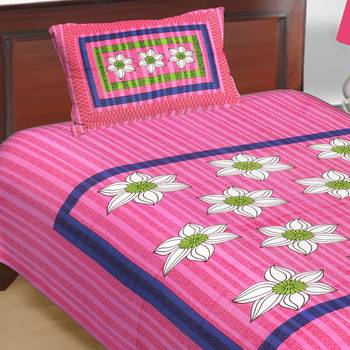 Cotton Single Bedsheet Flowers Print with 1 Pillow Cover (Size - 60" X 90", Color - Pink) 1