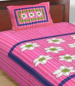 Cotton Single Bedsheet Flowers Print with 1 Pillow Cover (Size - 60" X 90", Color - Pink)