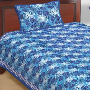 Cotton Single Bedsheet Blue Leaves Print with 1 Pillow Cover (Size - 60" X 90", Color - Blue) 1