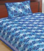 Cotton Single Bedsheet Blue Leaves Print with 1 Pillow Cover (Size - 60" X 90", Color - Blue)
