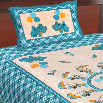 Cotton Single Bedsheet Pocoman with Umbrella with 1 Pillow Cover (Size - 60" X 90", Color - Light Blue) 1