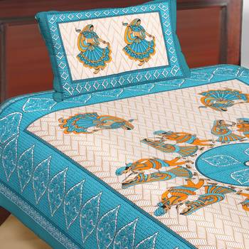 Cotton Single Bedsheet Gujari Dandiya Dance with 1 Pillow Cover (Size - 60" X 90", Color - Light Blue) 1