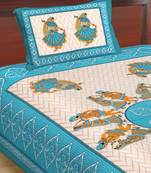 Cotton Single Bedsheet Gujari Dandiya Dance with 1 Pillow Cover (Size - 60" X 90", Color - Light Blue)
