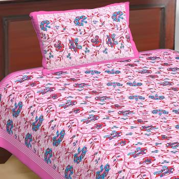 Cotton Single Bedsheet Flower Pink Bell with 1 Pillow Cover (Size - 60" X 90", Color - Pink) 1