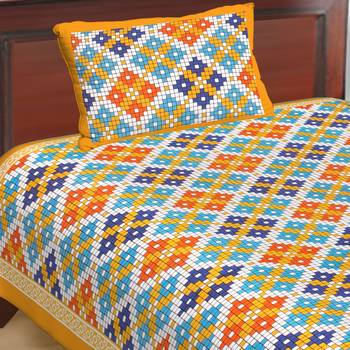 Cotton Single Bedsheet Multi Checks with 1 Pillow Cover (Size - 60" X 90", Color - Yellow) 1