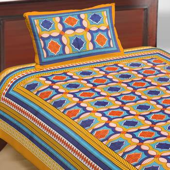 Cotton Single Bedsheet Rangoli Checks with 1 Pillow Cover (Size - 60" X 90", Color - Yellow) 1