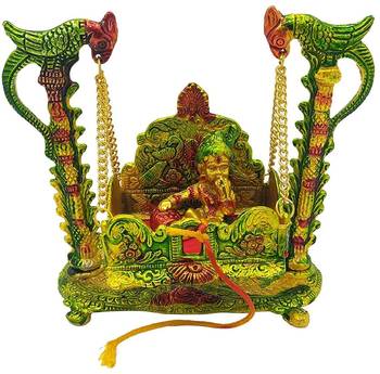 BK Creation Metal Handicrafted Pooja Jhula with Laddu Gopal (Gold_17.78 x 9.5 x 17.14 cm) 1