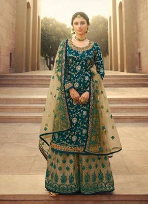 aqua blue silk woven top & bottom with  dupatta 1