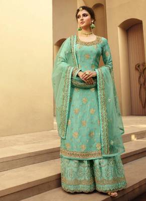 turquoise silk woven top & bottom with  dupatta 1