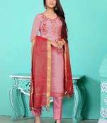 pink chanderi silk embroidered top & bottom with  dupatta