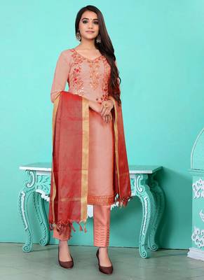 peach chanderi silk embroidered top & bottom with  dupatta 1