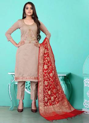 grey chanderi silk embroidered top & bottom with  dupatta 1