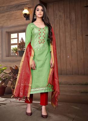 green cotton woven top & bottom with  dupatta 1