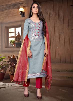 grey cotton woven top & bottom with  dupatta 1