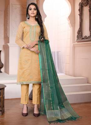 yellow chanderi silk embroidered top & bottom with  dupatta 1