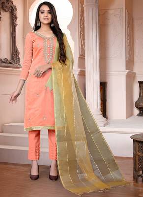 peach chanderi silk embroidered top & bottom with  dupatta 1