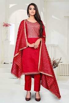 red chanderi silk woven top & bottom with  dupatta