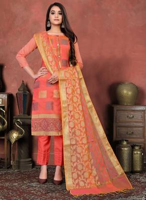 salmon banarasi silk woven top & bottom with  dupatta 1