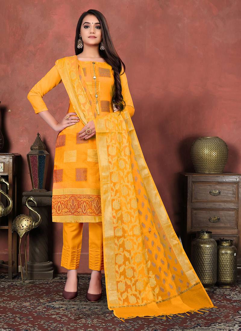 yellow banarasi silk woven top & bottom with  dupatta