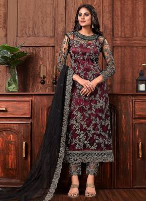 Wine embroidered net salwar 1
