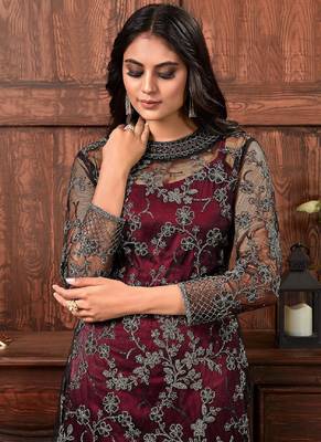 Wine embroidered net salwar 2