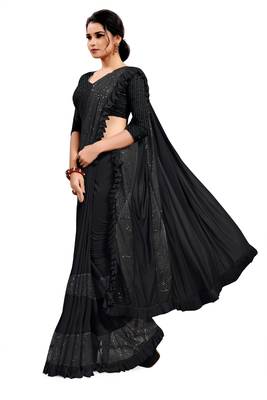 Black plain lycra saree with blouse 2
