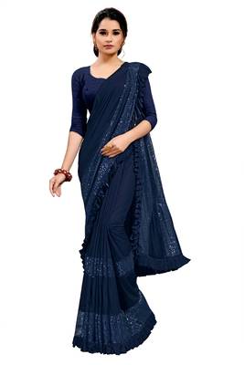 Navy blue plain lycra saree with blouse 1