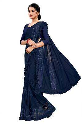 Navy blue plain lycra saree with blouse 2