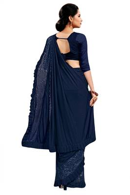 Navy blue plain lycra saree with blouse 3