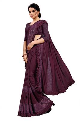 Purple plain lycra saree with blouse 2