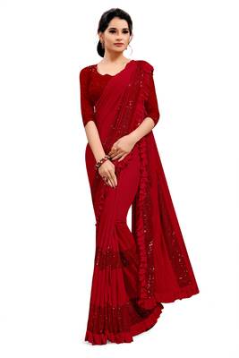 Red plain lycra saree with blouse 1