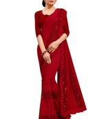 Red plain lycra saree with blouse
