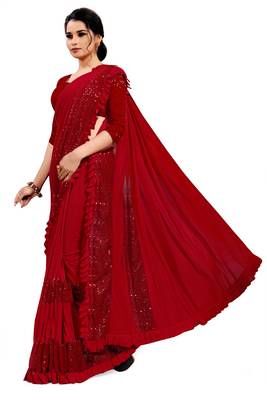 Red plain lycra saree with blouse 2