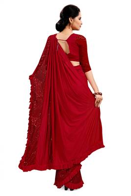 Red plain lycra saree with blouse 3