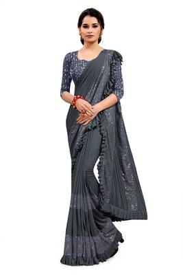 Grey plain lycra saree with blouse 1