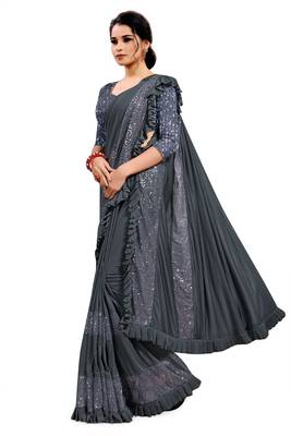 Grey plain lycra saree with blouse 2