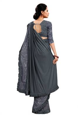 Grey plain lycra saree with blouse 3