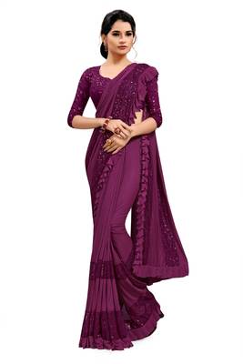 Purple plain lycra saree with blouse 1