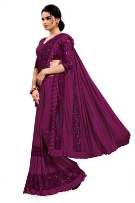 Purple plain lycra saree with blouse 2
