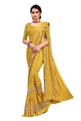 Mustard plain lycra saree with blouse 1