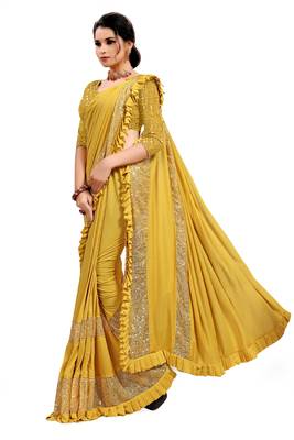 Mustard plain lycra saree with blouse 2