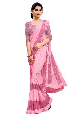 Pink plain lycra saree with blouse 1