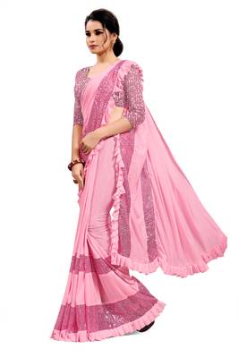 Pink plain lycra saree with blouse 2