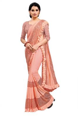 Peach plain lycra saree with blouse 1