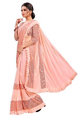 Peach plain lycra saree with blouse 2