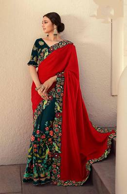 Red embroidered silk saree with blouse 1